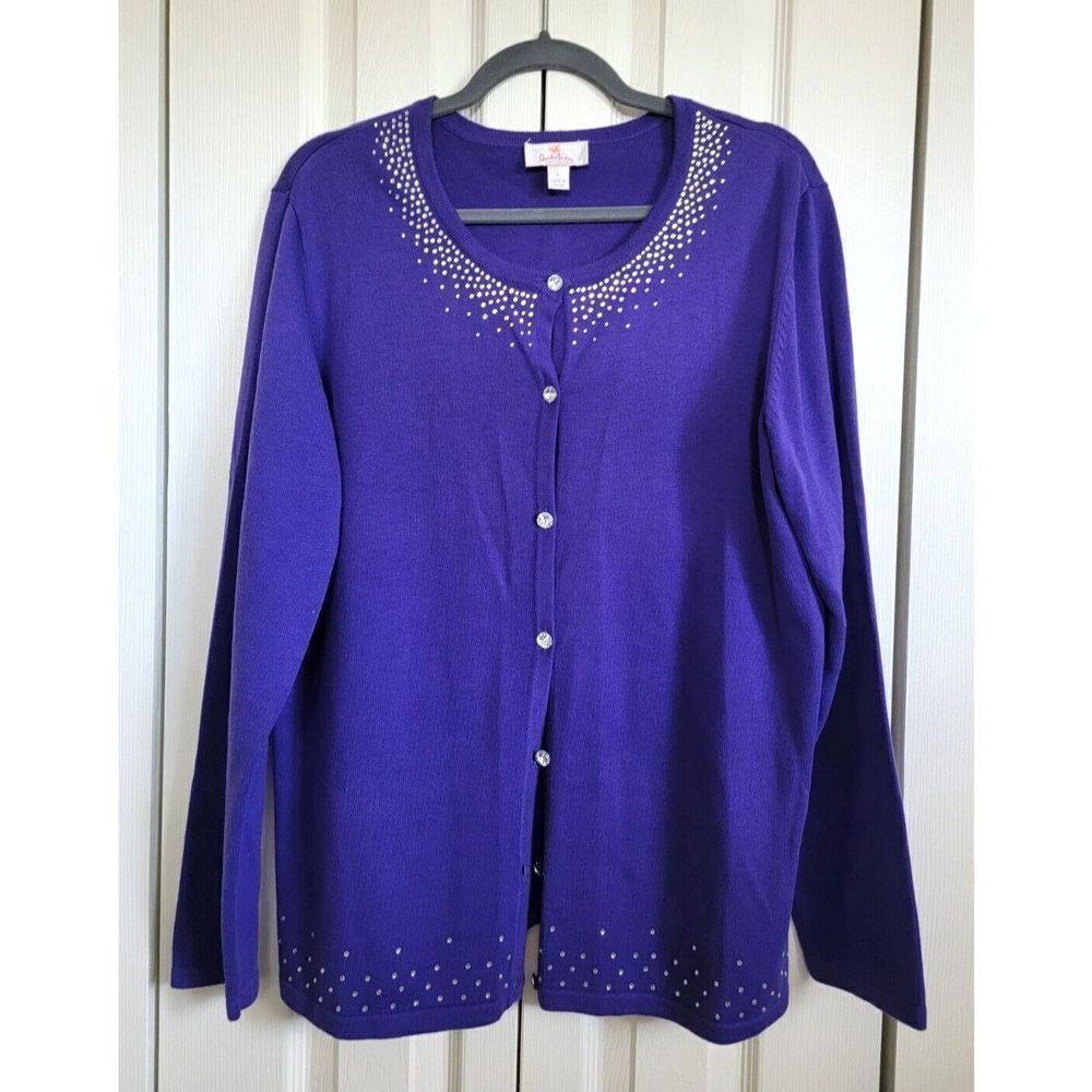 Quacker Factory Large Buttoned Down Sequined Purple Cardigan Sweater L/S